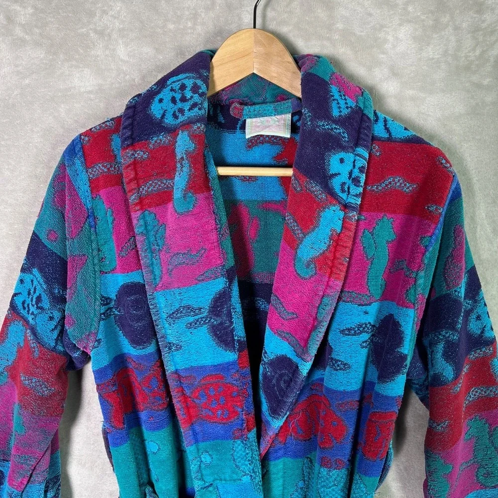 Vintage TJ Lawford Turkish‎ Cotton Terry Cloth Robe Colorful Print Belted Size S